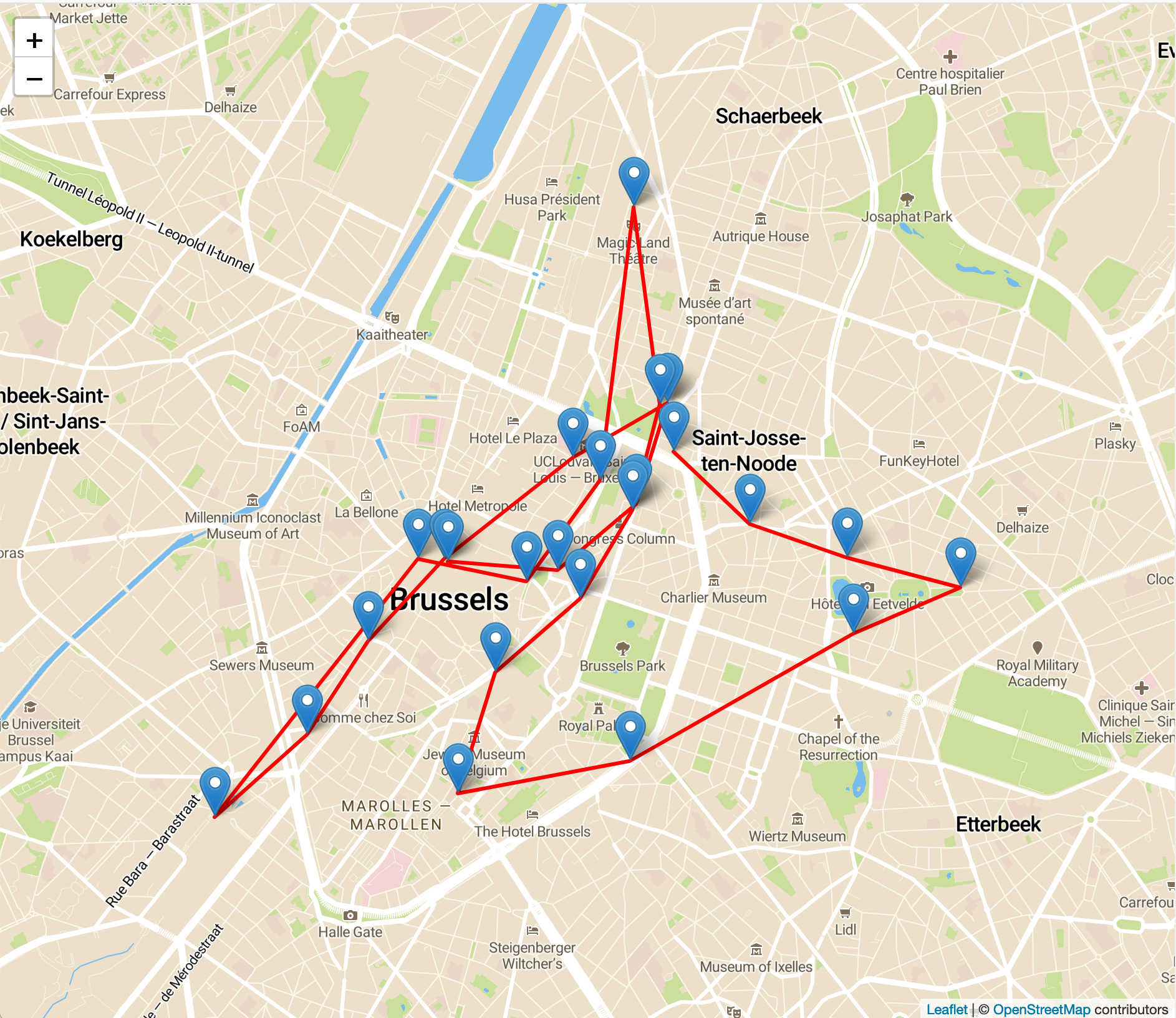 A map of Brussels with some location markers